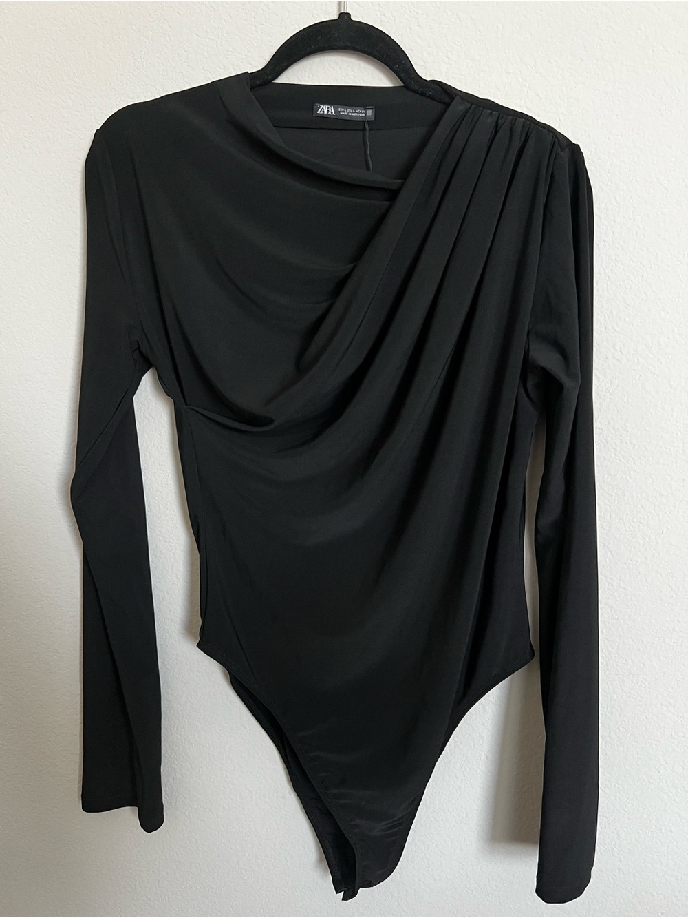 Zara Black Draped Long Sleeve Bodysuit with Pleated Shoulder